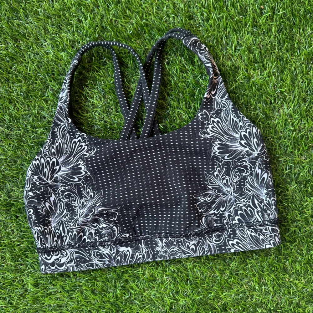 Lululemon Energy Bra Size 6 Black White Floral Polka Dot Strappy Sports Bra